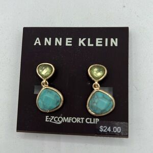 Anne Klein gold tone  clip on turquoise look double drop 1' earrin…